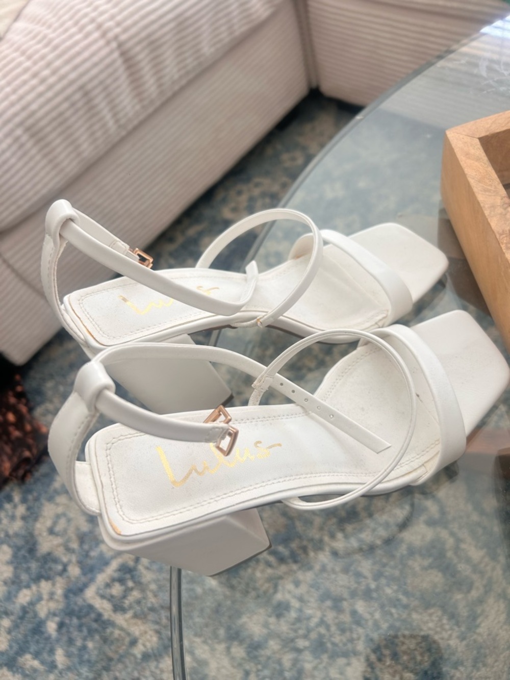 Lulu's White Square-Toe Strappy Block Heel Sandals